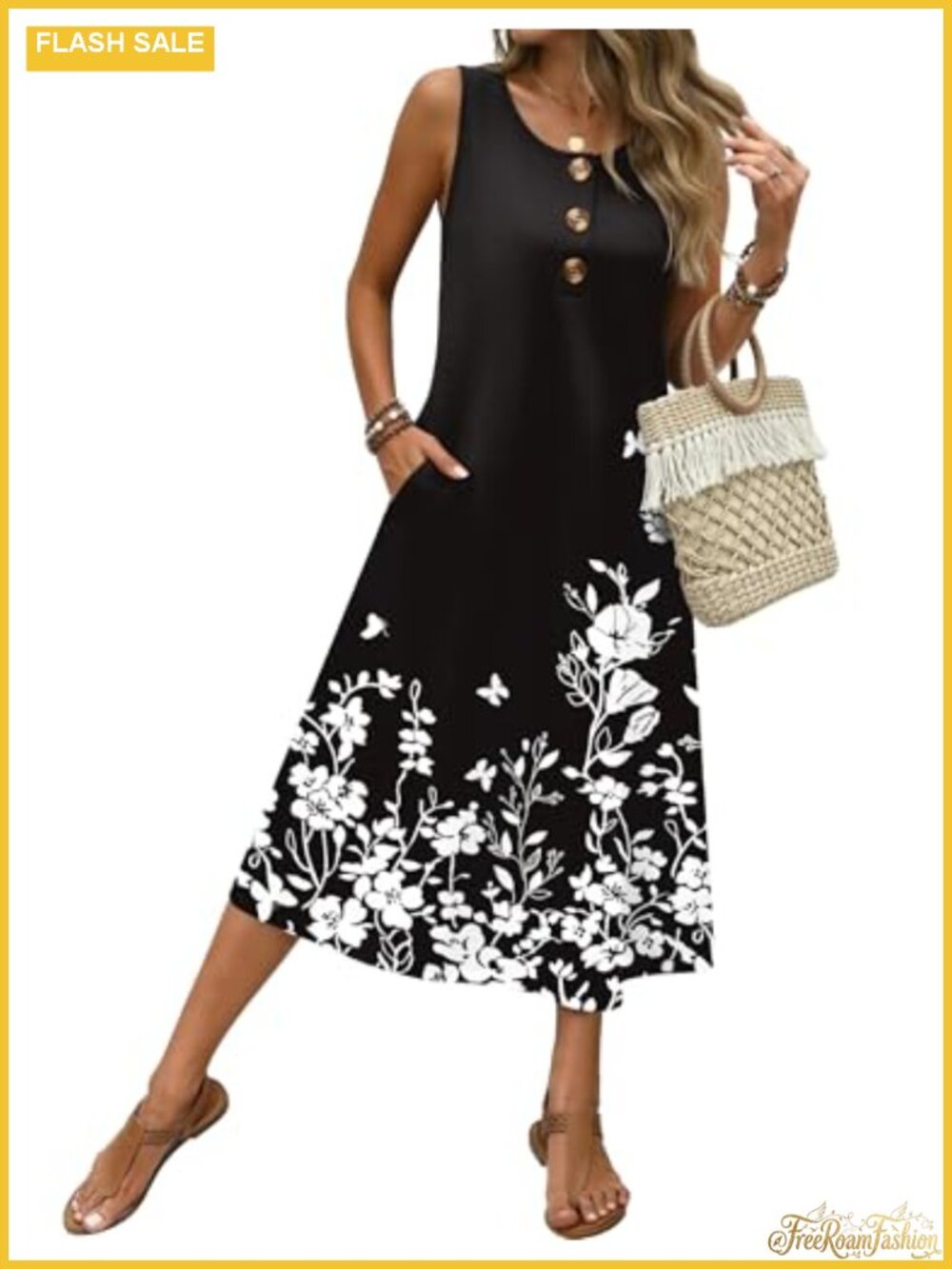 Women's Sleeveless Midi Sundress with Pockets A-Line Beach Dress